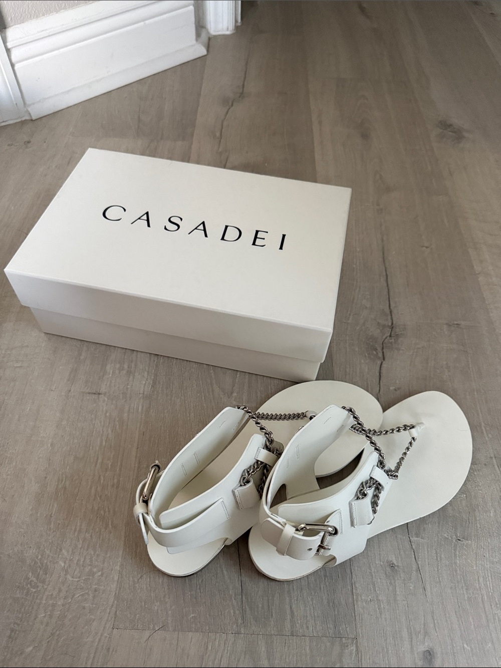 White Chain-Accent Casadei Women's T-Strap Sandals - Picture 4 of 17